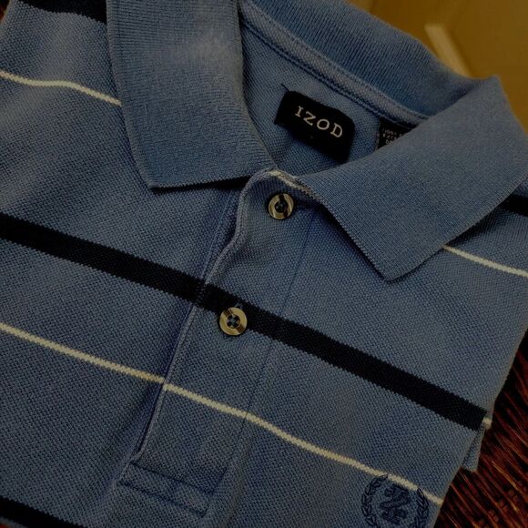 Izod Men's Medium Blue Polo Shirt Striped Short Sleeve Polo Navy White Stripes - Picture 6 of 6